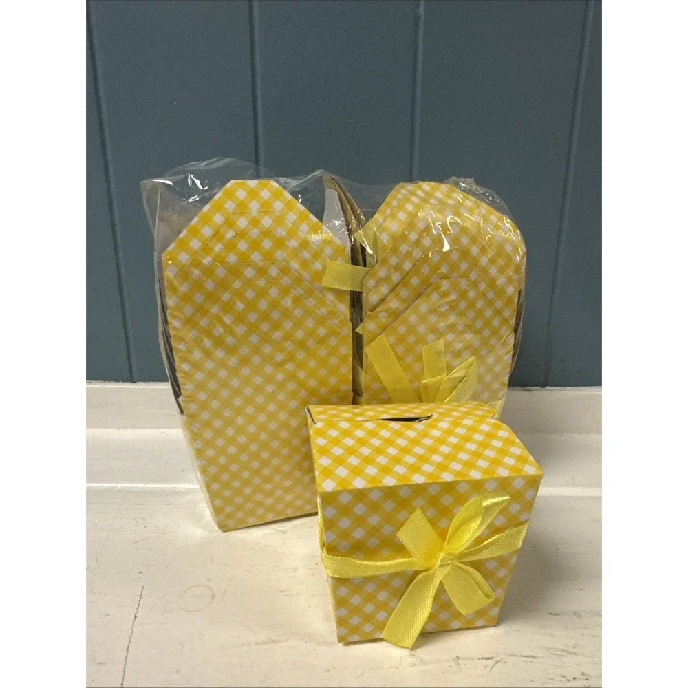 12‎ Mini Take Out Boxes Gingham Yellow White Check W/ Handle Goody Party Favor
